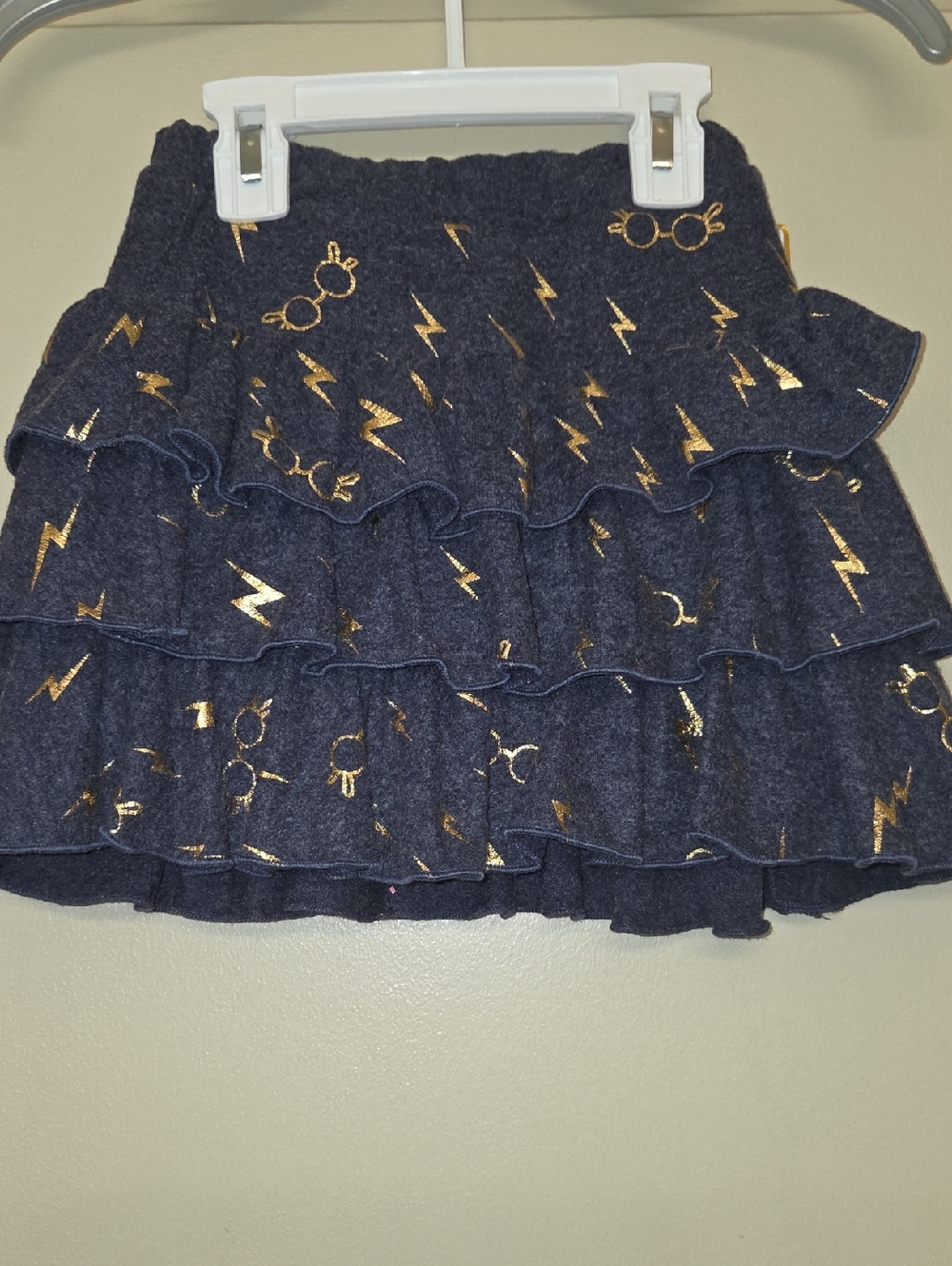 Girls' Navy Layered Ruffle Skirt with Gold Lightning & Glasses Print